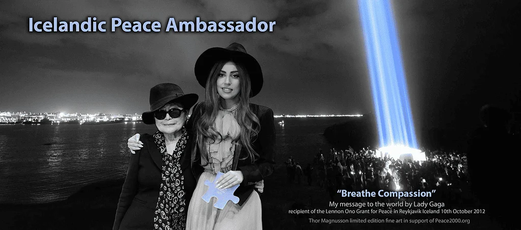 Lady Gaga and Yoko Ono at the John Lennon Imagine Peace Tower in Reykjavik Iceland. 